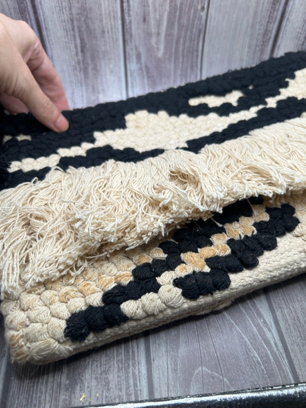 MANGO Boho Embroidered Clutch Bag Woven Cotton Macrame Fringe Black Off White - Picture 12 of 13